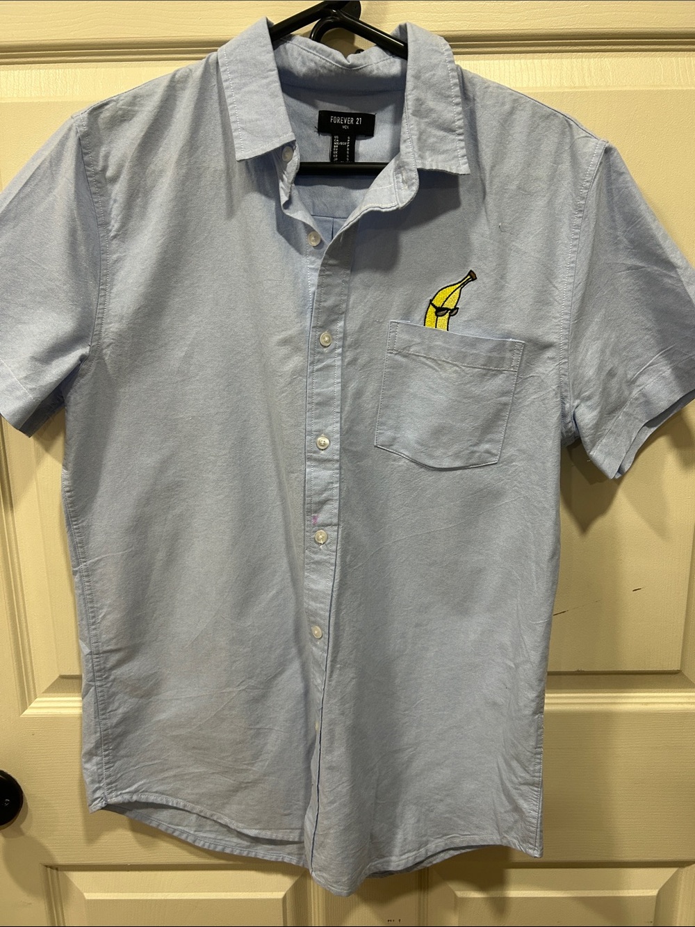Forever 21 Light Blue Short-Sleeve Button-Down Shirt with Yellow Banana Patch